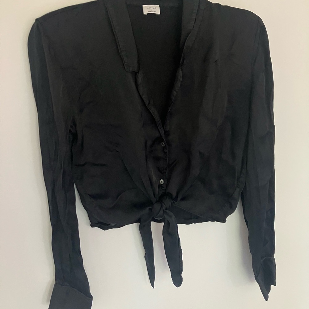 Wilfred Black Satin Button-Up Tie Blouse